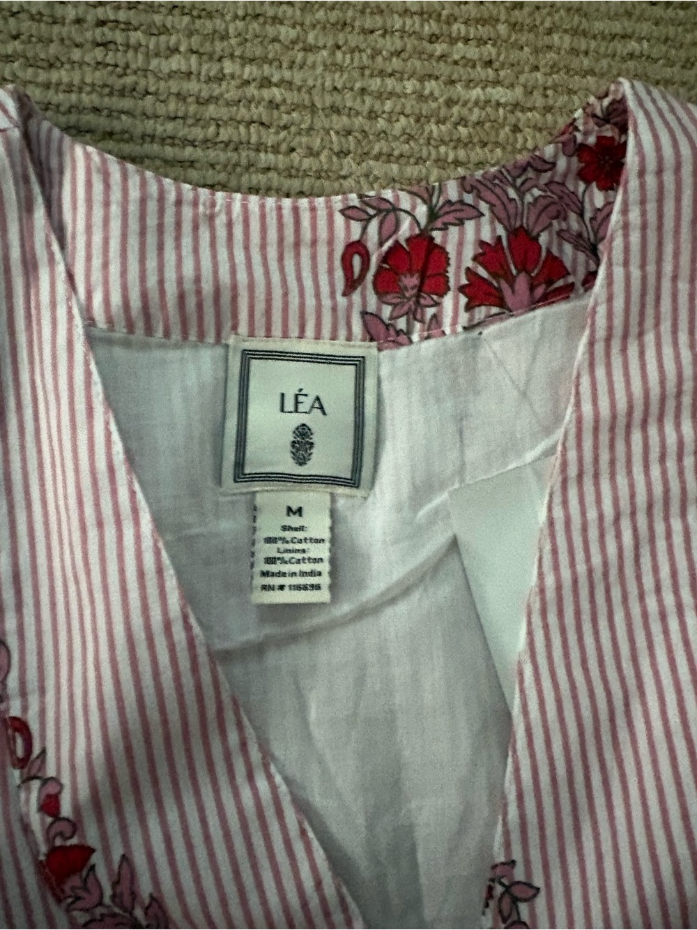 LEA Women's Pink Striped Dress with Red Floral Motif- medium but runs generous - Picture 2 of 5